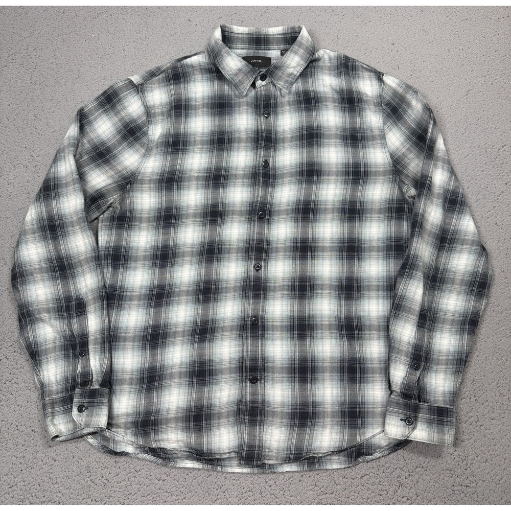 Vince Shirt‎ Mens Medium Gray Plaid Flannel Long Sleeve Button Up Cotton Casual